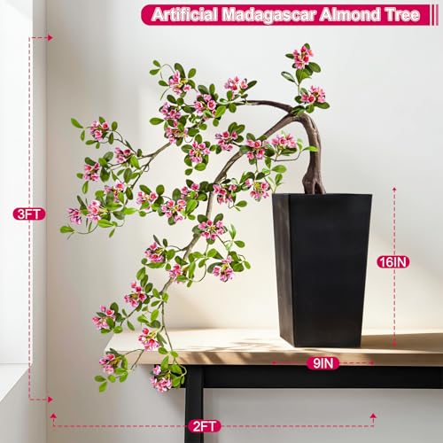 Large Artificial Bonsai Tree Artificial Flowering Tree Indoor Faux Decorative Plant for Living Room Home Office Décor Lifelike Branching & Natural Leaf Color Tree Madagascar Almond Style (Rose Red) - color: Rose Red