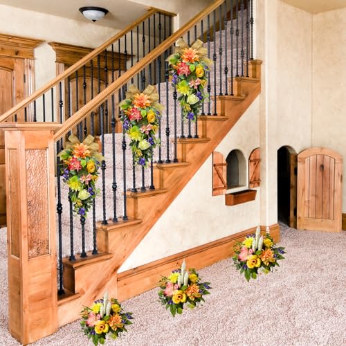 Svndlyn Spring Summer Floral Teardrop Swags Lighted Mixed Flower Teardrop Wreath with Dahlia Pinnata Peonies Rose Burlap Bow and Eucalyptus Leaves Floral Arrangement for Door Wall Mantel Window