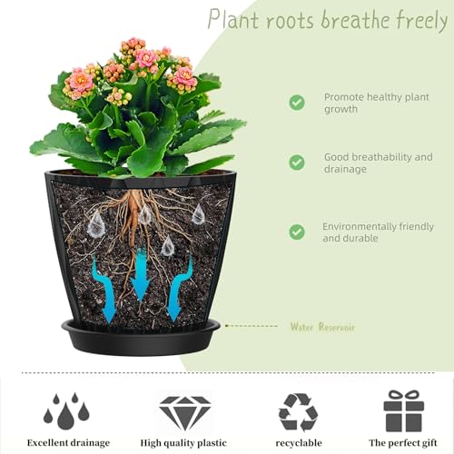 6 Inch Plant Pots, 6 Pack Indoor Flower Pots, Planters with Drainage Holes and Trays for Orchids, Violets, Succulents, Herbs, and Other Plants, Black - color: Black, size: 6inch