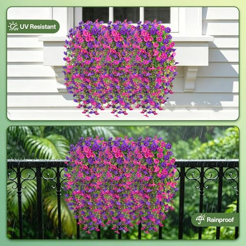 Artificial Hanging Flowers for Outdoors, 4 PCS UV Resistant Morning Glory Flowers with Eucalyptus Leaves, Silk Fake Flower Realistic Faux Plants for Home Patio Porch Garden Decor, Purple+Fuchsia - color: Purplish-red