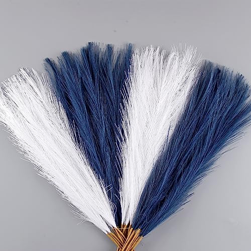 Blue and White Pampas Grass Decor, 30 Pcs 17" Faux Pampas Grass Short Decor, Pompas Grass Flower Arrangement and Vase Filler for Boho Home Wedding Decoration - color: Navy Blue& White, size: 17'' Tall