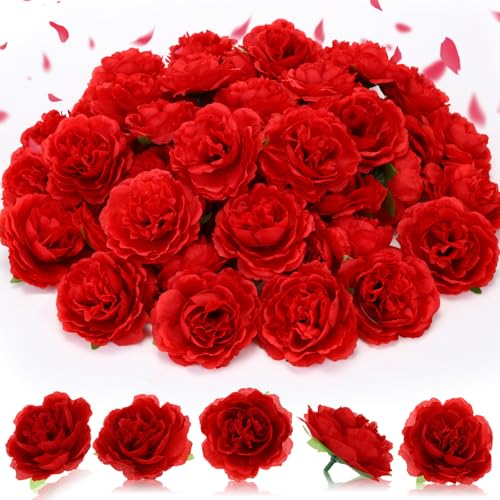 Thiccywoov 50 Pcs Artificial Flowers, 3.2 Inches Silk Rose Head Flowers Fake No Stem for Wedding Bridal Bouquet Home Floral Decor DIY Centerpieces Arrangements Party Tables Decoration(Red) - color: Red