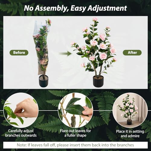Goplus 38’’ Artificial Camellia Tree, 2 Pack Flower Plants Artificial Tree, Faux Floral Plant Blooming Tree in Cement Pot, Greenery Potted Plant for Indoor Outdoor Office Home Porch Decor - color: Pink, size: 38 inch×2