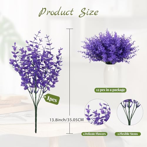 RECUTMS 12 Bundles Artificial Flowers for Outdoors UV Resistant Artificial Greenery Fake Eucalyptus Plants Boxwood Plants Outdoor Shrub Front Porch Patio Spring Decorations for Home(Pure Purple) - color: Pure Purple Eucalyptus, size: 12 Pcs