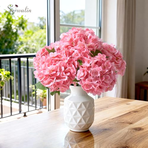 Serwalin 5PCS Real Touch Hydrangea Artificial Flowers with Long Stems,20in Hot Pink Latex Large Lifelike Faux Hydrangea Flowers for Family Table Office Wedding Party Arrangements Decor - color: Hot Pink, size: 5PCS
