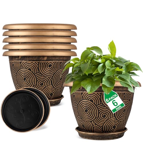 Fodetyff 6 Inch Flower Pots Planters for Indoor Outdoor Plants, 6 Pack Plastic Small Plant Pots with Drainage Hole & Tray, Modern Decorative Garden Pot with Saucer, Plant Container for House - color: Gold, size: 6 inch-6 pack