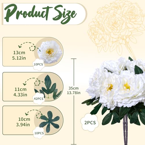 White Premium Silk Artificial Peonies, 2 Bouquets (10 Large 5.12" Heads), 13.78" Tall Fake Floral Arrangements for Wedding Centerpieces, Home Decor & Indoor Vase Display - color: White New