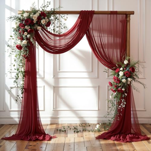 Wedding Arch Draping Fabric, 1 Panel 18FT Burgundy Sheer Backdrop Curtain Chiffon Fabric Drapery Voile Scarf Draping Panels for Wedding Archway Ceremony Curtain Valance Party Decoration - color: Burgundy Drapes Curtain, size: (1 Panel )6 Yards/18ft