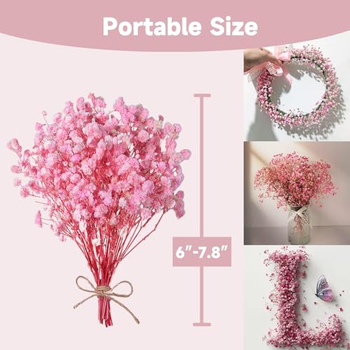 Dried Baby's Breath Bouquet, Pure Pink 6"-7.8" Portable Mini Gypsophila Flowers, 2000+ Natural Preserved Flowers for Wedding Home Decor DIY Crafts Vase Filler Wreath Card Making - color: Pink