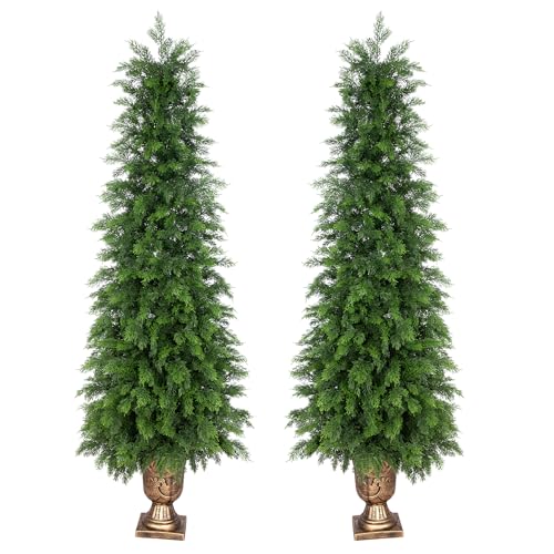 Bellacat 5ft UV Resistant Topiary Trees Artificial Outdoor with Urn Planter & Soft Real Touch Leaves, 60in Lifelike Faux Cedar Tree, Fake Cypress Tree for Front Door Porch Patio Deck Home Decor, 2Pack - color: Golden Urn Planter-2pack, size: 5ft