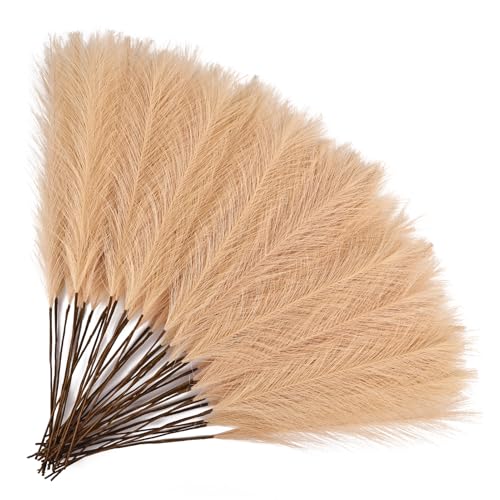 50pcs Khaki Pampas Grass 21.6 Inch Non-Shedding Faux Pampas for Earthy Neutral Home, Boho Weddings and Olive Tone Vase Arrangements - color: Khaki