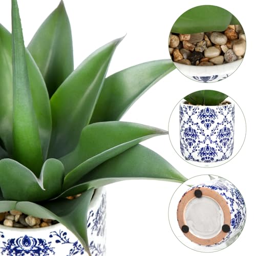 Briful Agave Plants Artificial Succulents Fake Plant in Blue Vase, 13'' Tall Realistic Faux Plant Indoor for Home Decor Farmhouse Centerpiece Table Kitchen - color: Green and Gray Agave Blue Vase