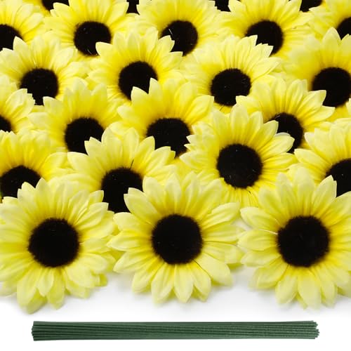 Coferset 40pcs Fake Sunflower Heads with Stems, 4" Sunflower Artificial Silk Flower Heads for Crafts, Sunflower Decorations for Birthday Party Baby Shower Wedding Bathroom Home Decor(Cream Yellow) - color: Cream Yellow-40pcs