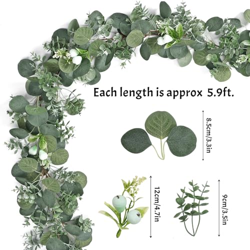 DEMIUKO 2PCS Artificial Eucalyptus Garland, 5.9FT Faux Greenery Garland with Silver Dollar Eucalyptus Leaves Fake Hanging Vines Summer Garlands for Wedding Arch Backdrop Table Wall Party Home Decor - size: 2PCS