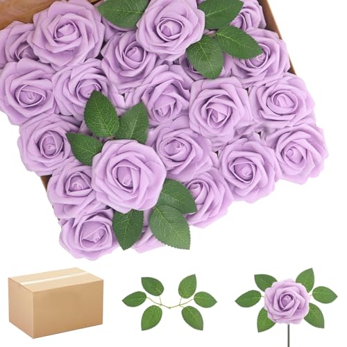 200PCS Lilac Realistic Roses - Artificial Latex Foam Flowers with Bendable Stems & 100PCS Leaves for Wedding, Home and Party DIY Decor - color: Lilac, size: 200