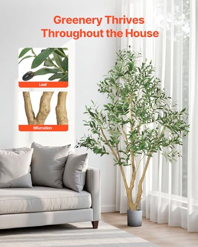 VEVOR 6FT Artificial Olive Tree with Black Pot, Tall Fake Tree with Natural Wood Trunk & Realistic Green Leaves and Fruits, Indoor Faux Plant for Home, Office, Living Room, Corner Decor - color: Olive Tree Type 2, size: 6ft