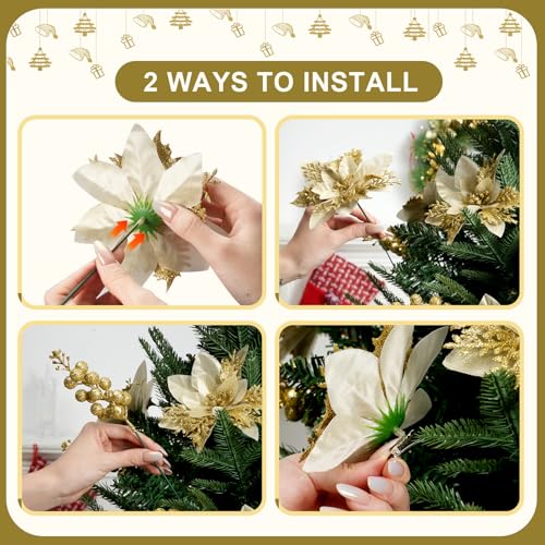 trytuny 50pcs Glitter Poinsettia Christmas Ornaments, Artificial Flowers with Clips Stems for DIY Wreath Making, Holiday Home Party Decorations, Indoor Use (Gold) - color: Gold