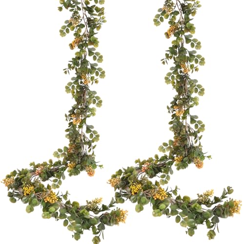 RECUTMS Artificial Eucalyptus Leaves Greenery Garland 2Pack 5FT Hanging | With Yellow Grape Berries, Faux Vine, For Indoor Outdoor, Home Garden Office Door Stairs, Wedding Arch Party Decor - color: Grape Vine Yellow