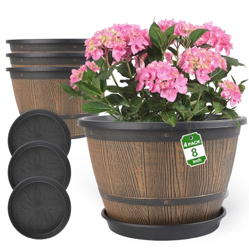 8-inch-Plant-Pots-Indoor-Outdoor, 4 Pack Whiskey Barrel Planters with Drainage Holes & Saucer, Plastic Flower Pots Imitation Wine Barrel Design, Decorative Garden Pots for Plants - color: Whiskey, size: 8-inch
