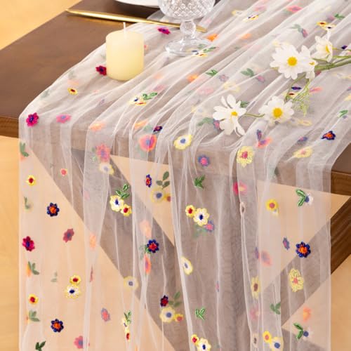 Socomi Flower Table Runner Summer Daisy Floral Tulle Gauze Cheesecloth Embroidery Table Runners for Tea Party Garden Wedding Bridal Baby Shower Birthday Picnic Decor Ivory 1pc - color: Daisy Ivory, size: 10ft X 1pc