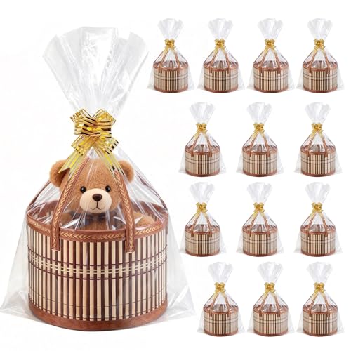 kuchisity 14 Set Baskets for Gifts Empty, Large Woven Bamboo Gift Basket Kit with Handle Wrap Bag Golden Bow for Graduation Party, Wedding, Birthdays, Wrapping