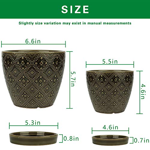 Docrin Dark Green Ceramic Planter Set - 6.6"+5.5" Indoor Outdoor Pots with Drainage Holes & Saucers for Home Office Decor - color: Dark Green