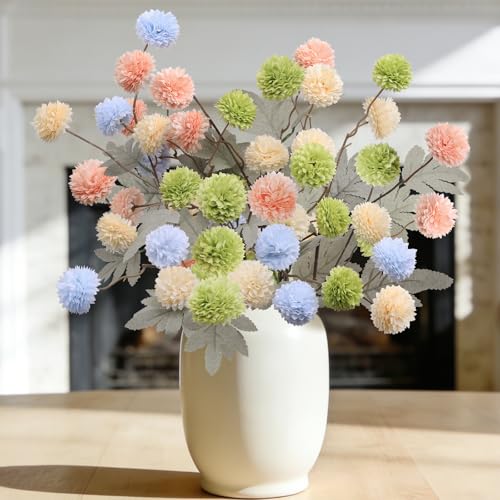 INQCMY Artificial Flowers 12 Pcs Fake Chrysanthemums Faux Kiku Flower Long Stem 20" Realistic Silk Pompon Mums for Vase Wedding Bouquets Centerpieces Home Decor (Yellow Blue Light Orange Deep Green) - color: Yellow Blue Light Orange Deep Green
