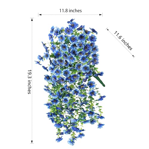 Artificial Faux Hanging Flowers Plant for Fall Outdoor Outside Decoration, 2 PCS Fake Silk Violets with Eucalyptus UV Resistant Realistic Daisy Trailing Vines for Balcony Yard Patio Porch Planter,Blue - color: Blue