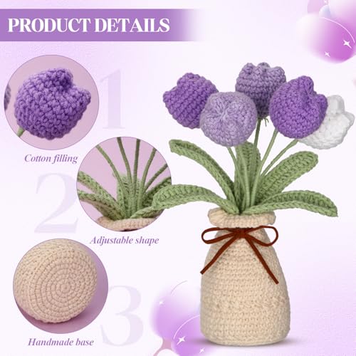 Marsui Crochet Knitting Tulip Bouquet with Vase 7" Knitted Artificial Forever Tulip Handmade Woven Flower with Exquisite Pot Gift for Father's Gifts Back to School Gift Family Home Desk Decor(Purple) - color: Purple, style: Tulip