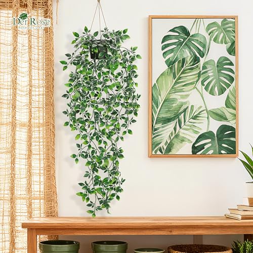 Der Rose 34'' Fake Hanging Plant Black Pot for Bathroom Wall Decor | 34'' cascading greenery with black pot for bathroom, shelf, office and wall decor; no watering needed