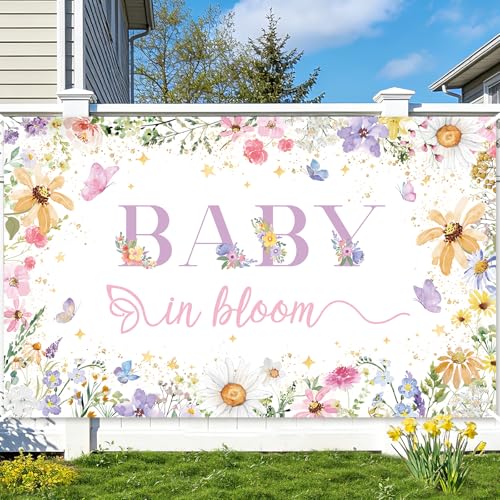 MEHOFOND Wildflower Baby in Bloom Backdrop for Girl Wildflower Baby in Bloom Decorations Banner Watercolor Golden Dots Butterfly Spring Floral Baby Shower Party Supplies Photography Background 6x3.6ft - size: 6x3.6ft