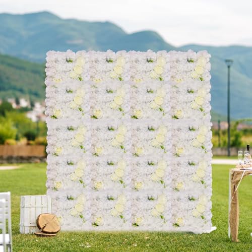 12-Pack Flower Wall Panels, 15x15 Inch Artificial Silk Rose Backdrop 3D Silk Hydrangea Rose Floral Panel for Photo Background Home Party Wedding Backdrop Decoration - color: White
