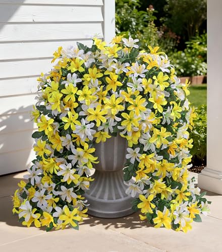 Ivydale Artificial Lily Flowers for Outdoors Fake Hanging Flower Vines for Outside Decoration, UV Resistant 2PCS Faux Plants for Patio Porch Balcony Garden Yard, White & Yellow - color: White & Yellow