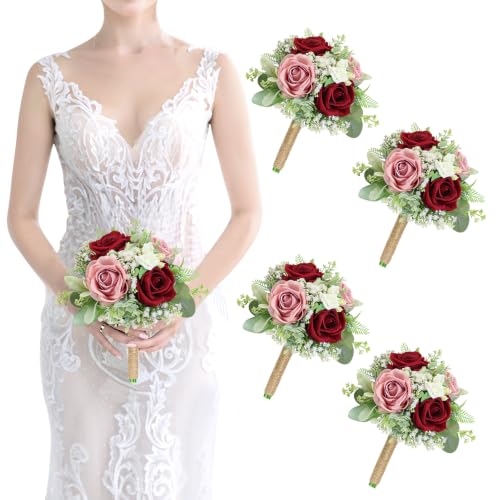 Blush & Burgundy Bridesmaids Bouquets Set of 4-7 Inch Artificial Flowers Bridesmaid Bouquet for Wedding Pre-Made Rustic Rose Small Floral Bouquets for Bridal Shower Marriage Proposal Party Anniversary - color: Blush & Burgundy, size: 4pcs