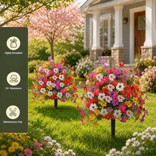 THKFUL Artificial c Trees Flower Ball Outdoor Set of 2, D15.8 UV Resistant Faux Boxwood Plants Flower Ball with Stake,Realistic Faux Shrubs Planter Filler for Front Cemetery Porch Garden - style: Violet
