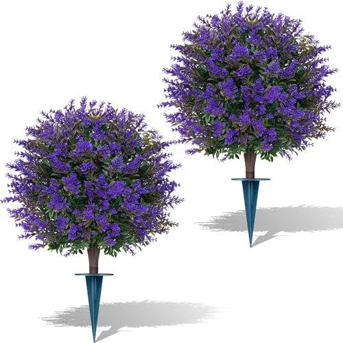 Yangrass Artificial Lavender Boxwood Topiary Ball Trees, 2 Pack Artificial Outdoor Shrubs with Spike, UV Resistant Fake Bushes Plants for Outside Indoors Garden Front Porch - color: Lavender Ball