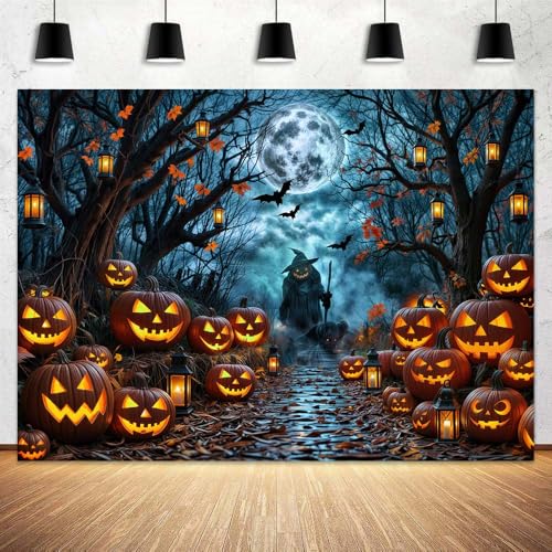 Halloween Misty Dark Forest Backdrop, Moon Night Creepy Scene Dark Pathway Pumpkin Bats Woods Photography Background, Ghost Themed Birthday Party Banner Decor Witch Photo Props 5X3FT - color: Black, size: 5X3FT