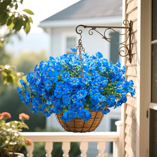 Grunyia UV Resistant Artificial Morning Glory Flowers - 16 Bundles Blue Faux Plastic Fake Plants with Eucalyptus for Outdoor Indoor Porch Patio Planter Window Box Garden Home Decor - color: Blue