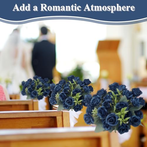 Zeyune 8 Pack Artificial Mini Dark Blue Roses, 12 Inch Fake Flowers with Stems, 80 Small 1.6 Inch Flower Heads, Silk Mini Rose Bouquets for Wedding Centerpieces, Bridal Bouquets, Home Party Decor - color: Dark Blue