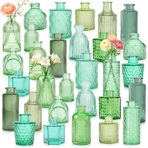 30Pcs Green Glass Bud Vases, Wedding Table Decor, Bulk Housewarming Gift | Green bud vases in bulk, Rustic embossed, Vintage-styled glass vases for centerpieces, 15 unique vintage styles(2 per design) - color: Green Series