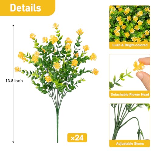 Roberly 24 Bundles Artificial Flowers for Outdoors, UV Resistant Eucalyptus Fake Flowers Shrubs Greenery Plastic Plants for Garden Porch Window Box Farmhouse Indoor Home Decor, Yellow - color: Yellow