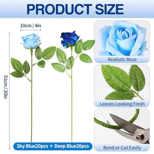 40 PCS Artificial Flowers Fake Roses with Long Stem Realistic Artificial Flowers Bulk for Wedding Party Home Bathroom Kitchen Decor (Sky Blue+Blue) - color: Sky Blue+blue