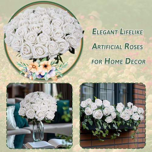 100 PCS Fake White Roses, Artificial Flowers Bulk Realistic Silk Faux Ivory Rose with Stems for Wedding Decorations Table Centerpieces Bridal Bouquet DIY Floral Arrangement Event Party Home Decor - color: White, size: 100 Pcs