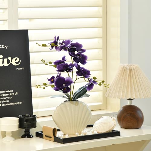 Artificial Phalaenopsis Orchid Plant in Seashell Pot, 16" Fake Orchid Flowers, Silk Faux Orchids for Home Decor, Office, Table Centerpiece, Real Touch Lifelike Indoor House Plant (Deep Purple) - color: Deep Purple