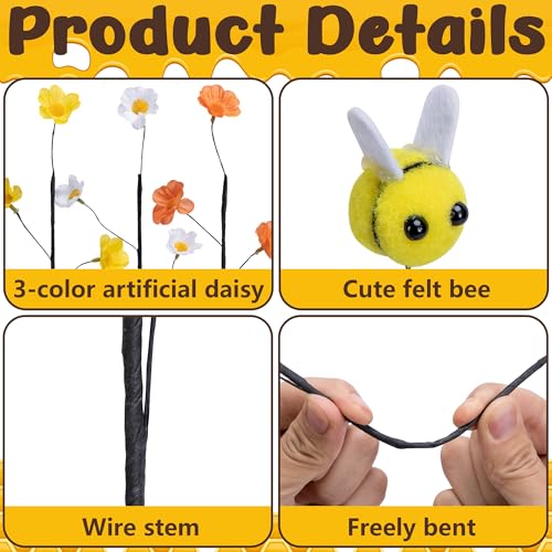 Watayo 15 Pcs Felt Bee Stems with Artificial Flowers Picks, Felt Honeybee Branches Floral Decorative Picks, Bees Daisy Stems Spray Vase Fillers for Table Centerpiece Tree DIY Craft Home Party Decor - color: Bees Flowers-15pcs