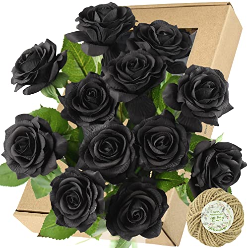FiveSeasonStuff Fake Black Roses Wedding Flowers Real Touch Silk Artificial Flowers 12 Stems - color: Black