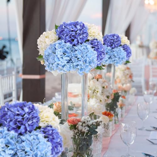 6 pcs Real Touch Hydrangea Artificial Flowers, 20 Inch Blue White Lifelike Fake Hydrangeas Bouquet with Bendable Stems & Leaves for Wedding Centerpieces, Home Decor, Vase Arrangements