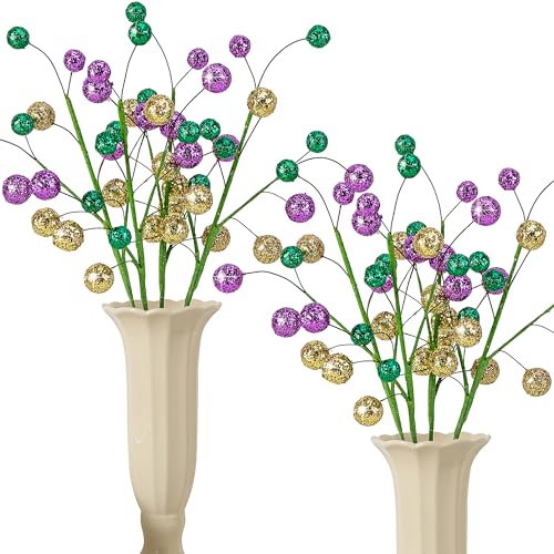 Watayo 8 Pack 15" Large Mardi Gras Ball Centerpiece Stems, Mardi Gras Artificial Glitter Berry Stems Ornaments, Shiny Purple Gold Green Berry Branches Twigs Picks Sprays for Carnival Party Home Decor - color: Purple Gold Green