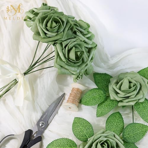Artificial Flowers 25 Pack Elf Green Faux Foam Roses with Stems, Real Looking Fake Rose for DIY Wedding Bouquets, Bridal Shower Centerpieces, Party Table Decorations, Home Decor - color: Elf Green, size: 25Pcs