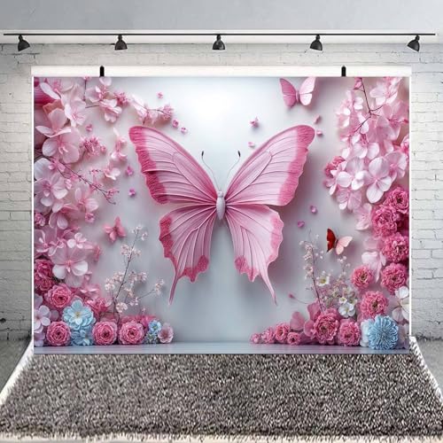 5x3ft Pink Butterfly Flower Backdrop for Photography Floral Wonderland Photo Background Baby Shower Birthday Bridal Shower Party Decors Newborn Girls Princess Portrait Photobooth Props - color: Pink01, size: 5X3FT